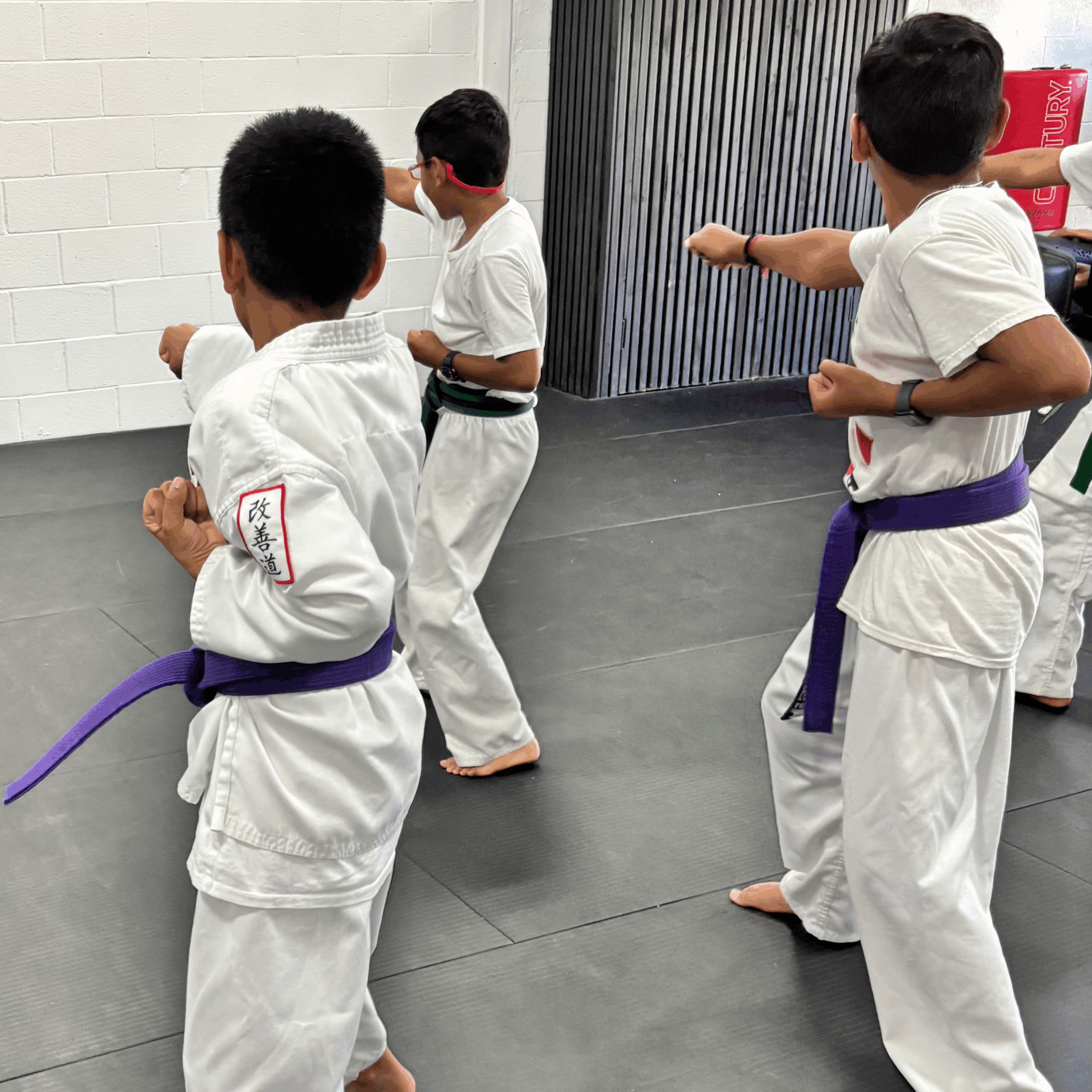 10 Children practicing karate punches in class at AMA Dojo Mississauga.