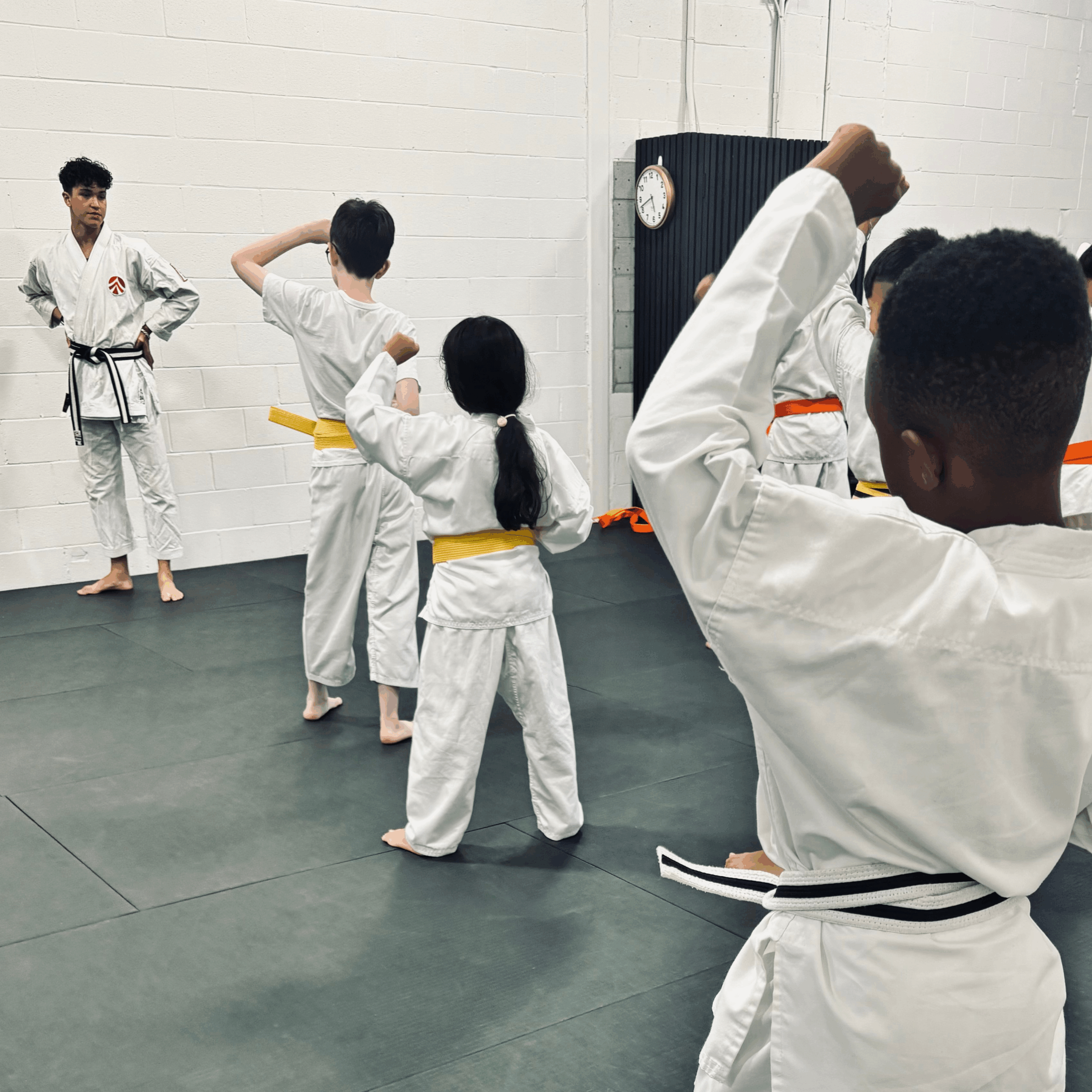 9 Children practicing karate blocks in class at AMA Dojo Mississauga.