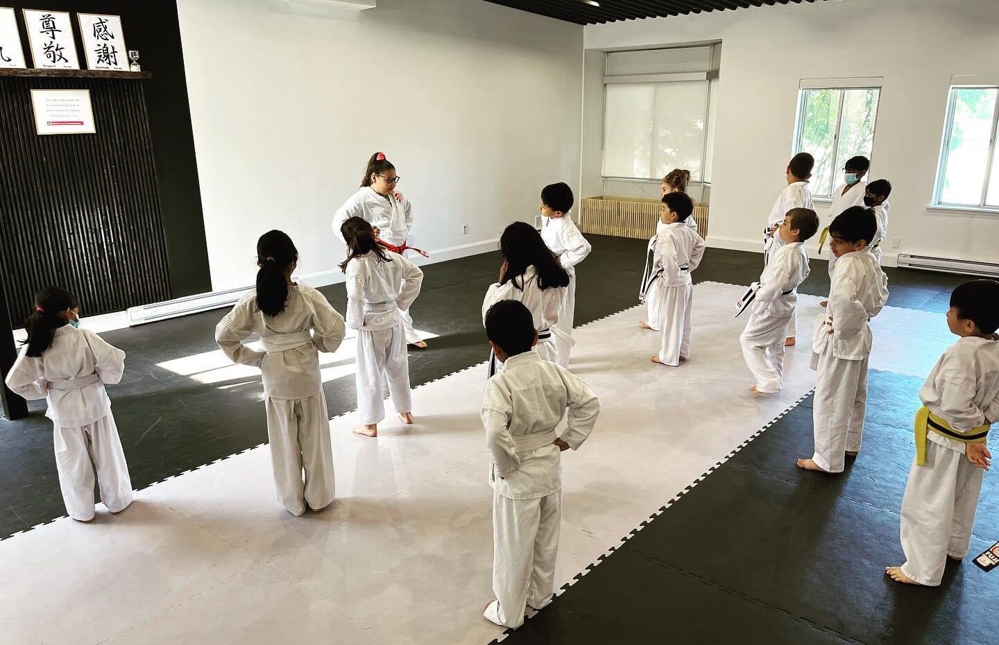 IMG_3516 Image of a kids karate class with them practicing stances and balance under the karate instructors supervision.