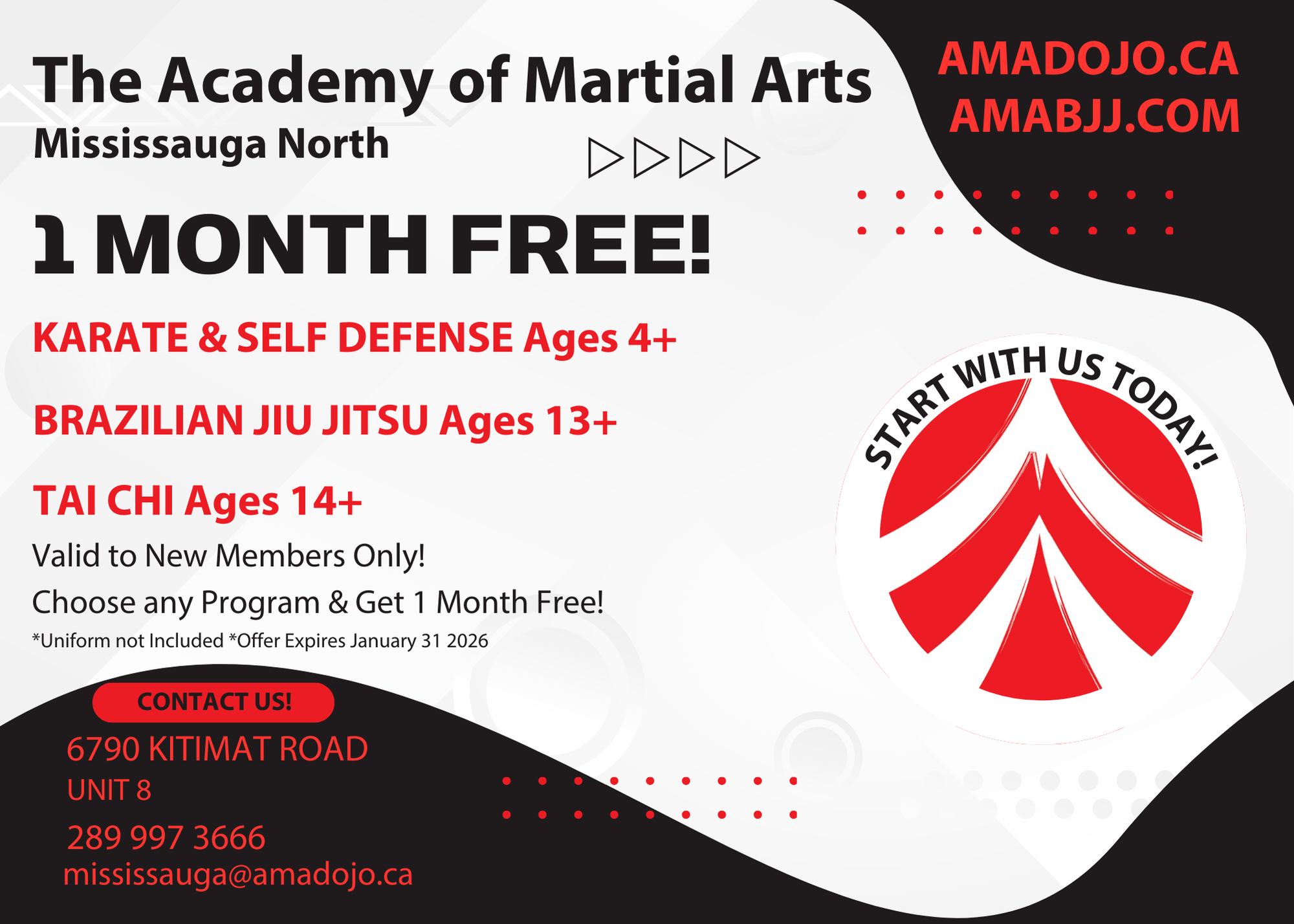 1MO.FREE.PROMO.JAN2026 New Years Promo flyer for AMA - Month of Jan, 2026 New students get 1 free month