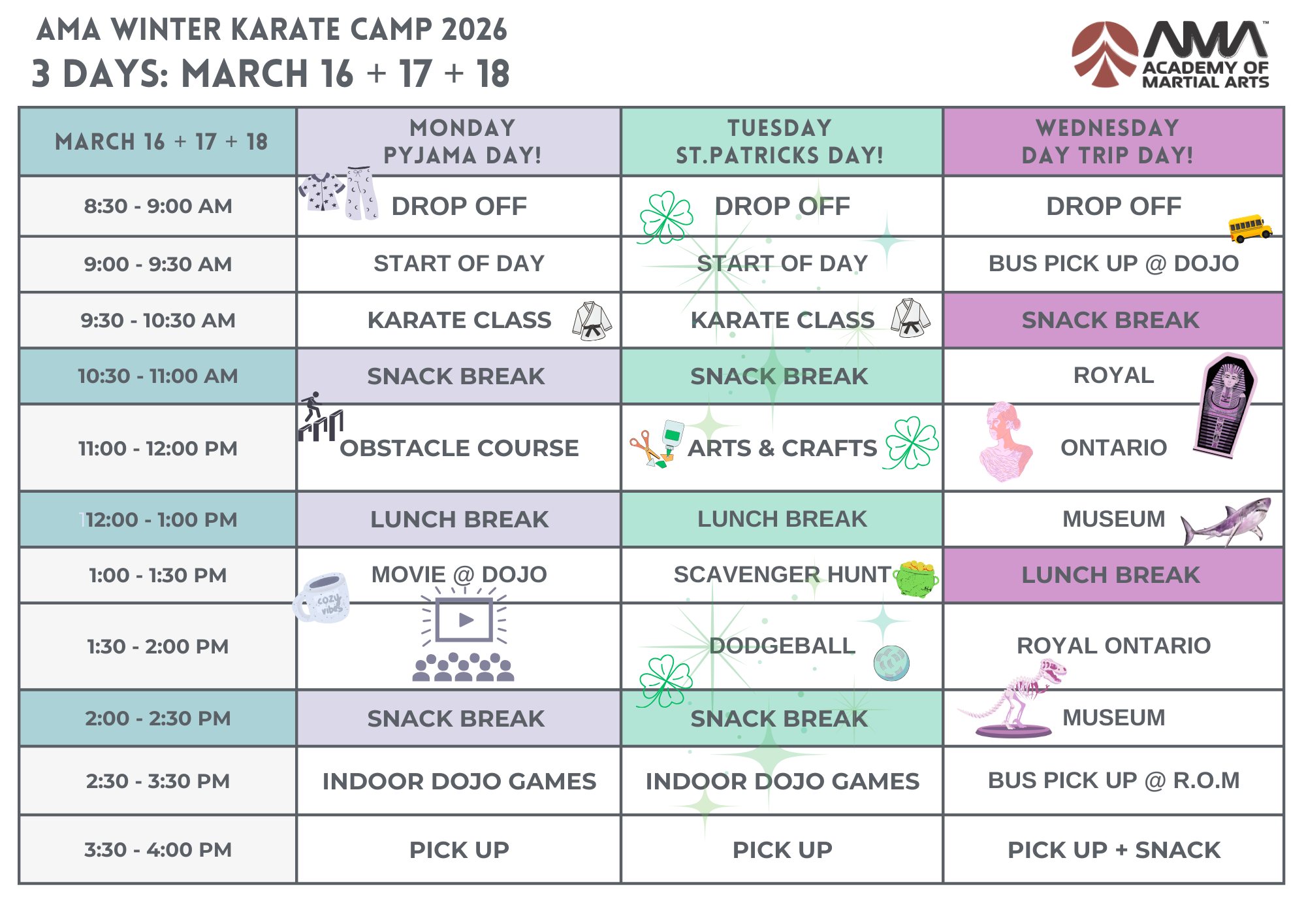 WeeklyCampSchedule AMA Mississauga Karate Camp March 2026 Detailed Activity Schedule